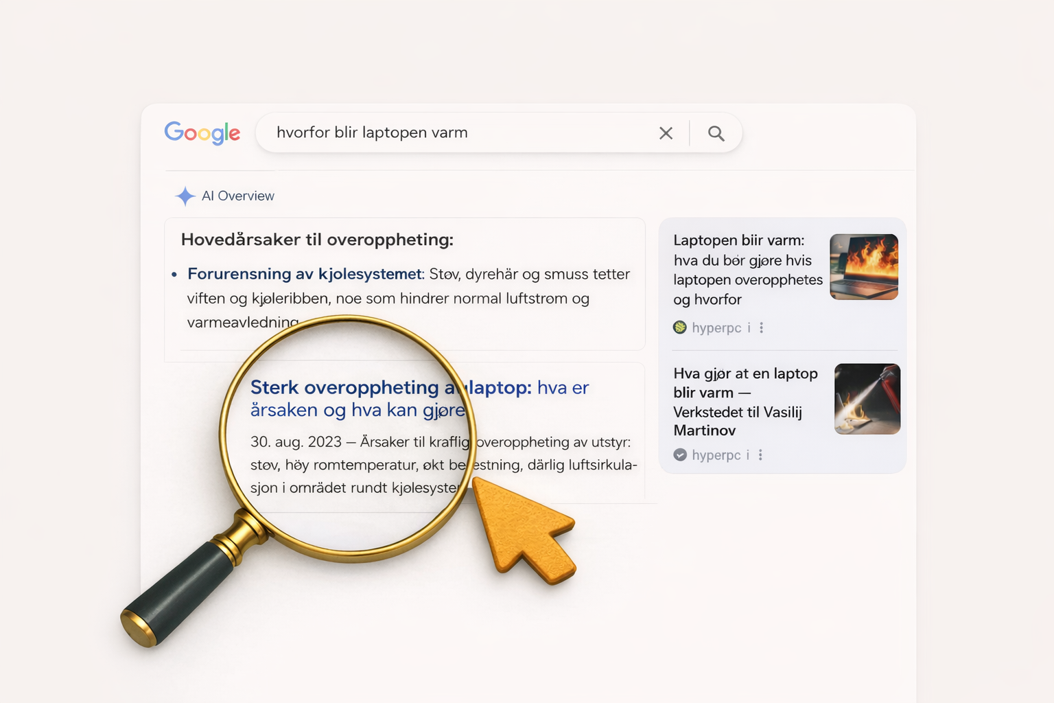 Eksempel på organisk Google-søkeresultat for søket «hvorfor blir laptopen varm», med årsaker til overoppheting av laptop